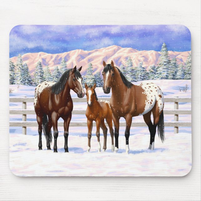 Brown Bay Appaloosa Horses In Snow Mouse Pad (Front)