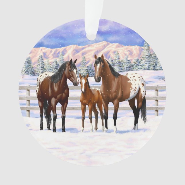 Brown Bay Appaloosa Horses In Snow Ornament (Front)