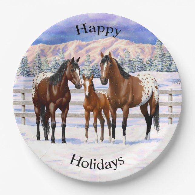 Brown Bay Appaloosa Horses In Snow Paper Plates (Front)