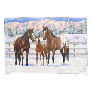 Brown Bay Appaloosa Horses In Snow Pillow Case