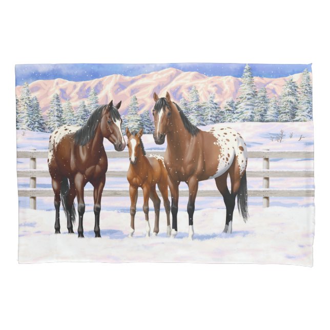 Brown Bay Appaloosa Horses In Snow Pillow Case (Front-Left)
