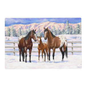 Brown Bay Appaloosa Horses In Snow Placemat