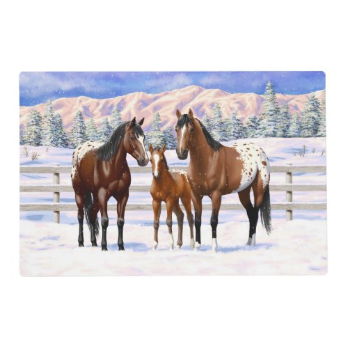 Brown Bay Appaloosa Horses In Snow Placemat