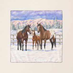 Brown Bay Appaloosa Horses In Snow Scarf
