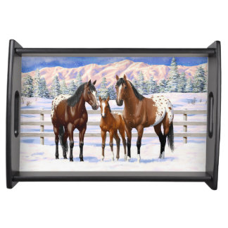 Brown Bay Appaloosa Horses In Snow Serving Tray