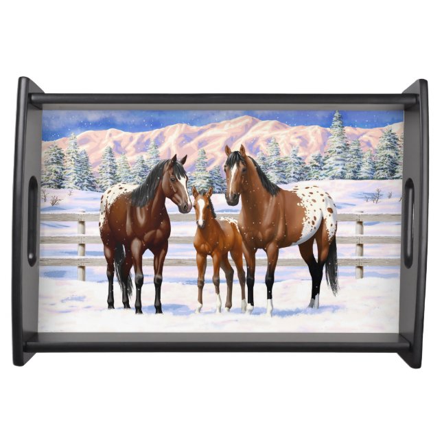 Brown Bay Appaloosa Horses In Snow Serving Tray (Front)