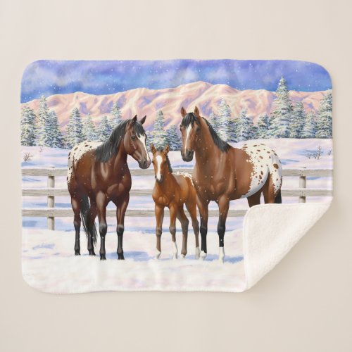 Brown Bay Appaloosa Horses In Snow Sherpa Blanket