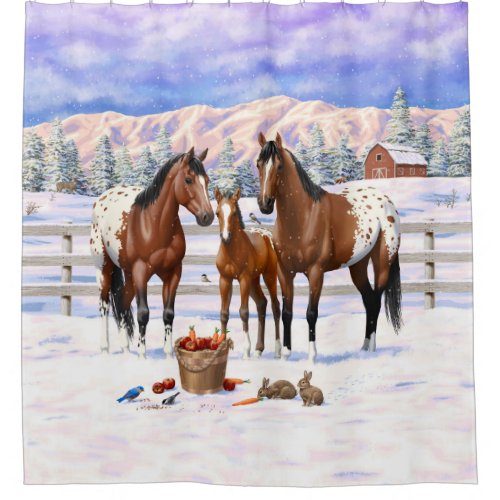Brown Bay Appaloosa Horses In Snow Shower Curtain