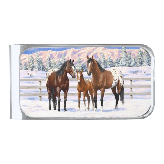 Brown Bay Appaloosa Horses In Snow Silver Finish Money Clip (Front)