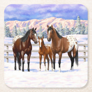 Brown Bay Appaloosa Horses In Snow Square Paper Coaster