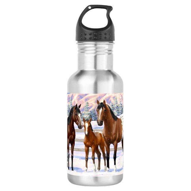 Brown Bay Appaloosa Horses In Snow Stainless Steel Water Bottle (Front)