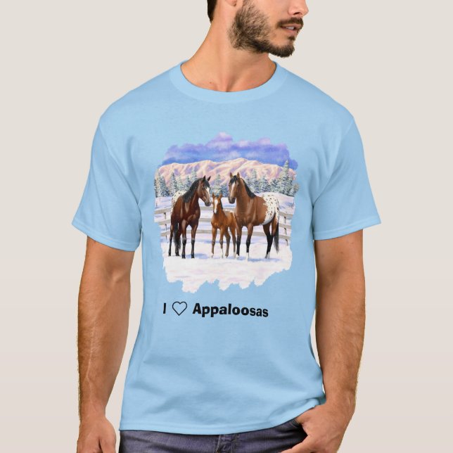 Brown Bay Appaloosa Horses In Snow T-Shirt (Front)