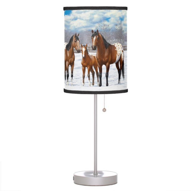 Brown Bay Appaloosa Horses In Snow Table Lamp (Left)