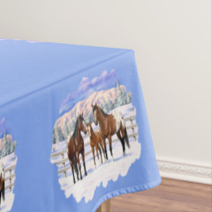 Brown Bay Appaloosa Horses In Snow Tablecloth