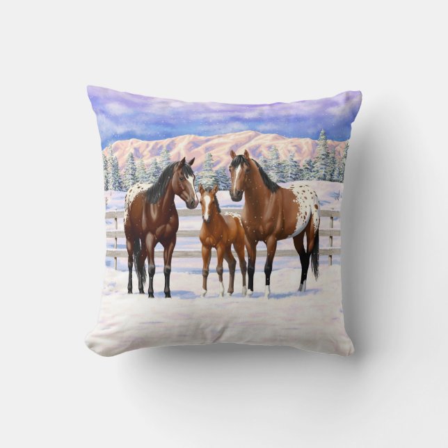 Brown Bay Appaloosa Horses In Snow Throw Pillow (Front)