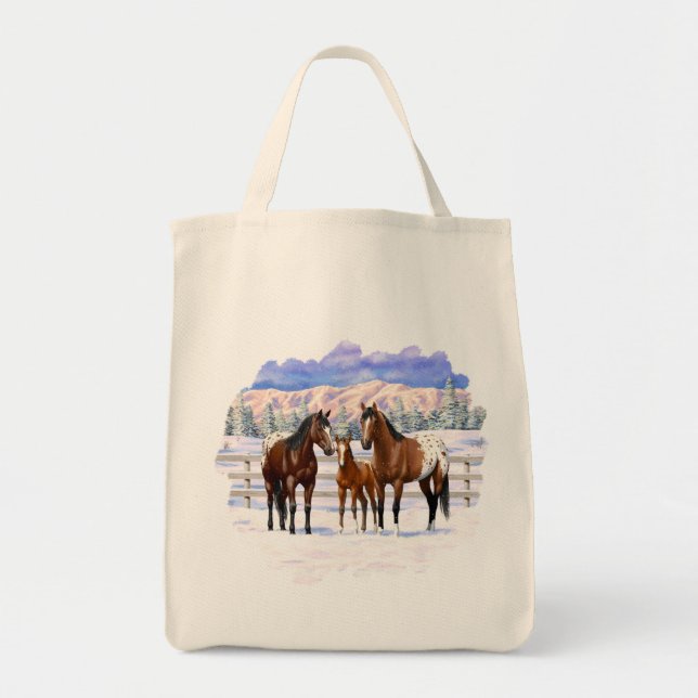Brown Bay Appaloosa Horses In Snow Tote Bag (Front)