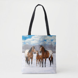 Brown Bay Appaloosa Horses In Snow Tote Bag