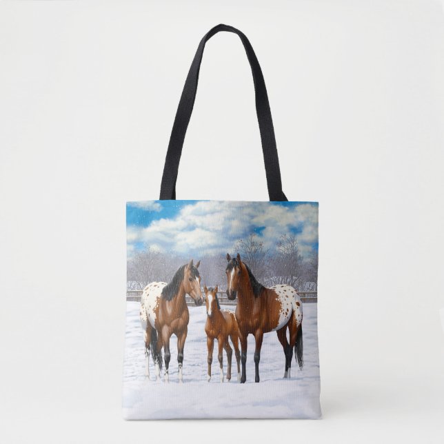 Brown Bay Appaloosa Horses In Snow Tote Bag (Front)