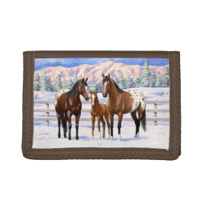 Brown Bay Appaloosa Horses In Snow Tri-fold Wallet