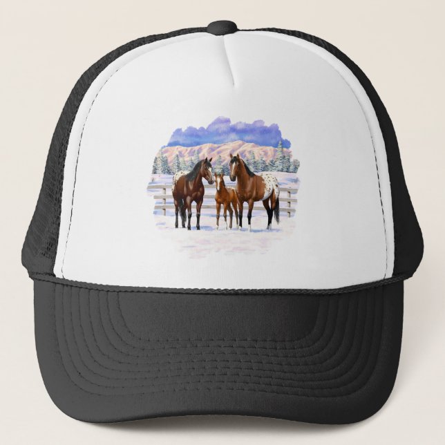 Brown Bay Appaloosa Horses In Snow Trucker Hat (Front)
