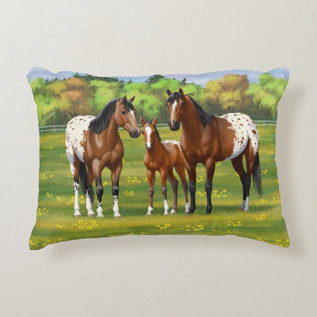 Brown Bay Appaloosa Horses In Summer Pasture Accent Pillow (Front)