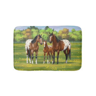 Brown Bay Appaloosa Horses In Summer Pasture Bath Mat