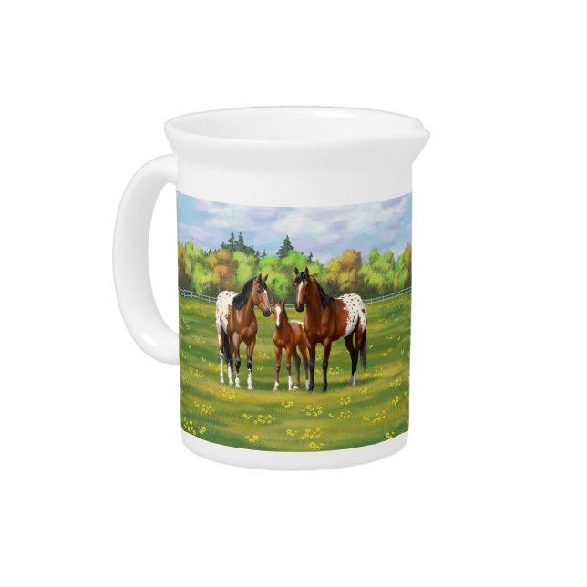 Brown Bay Appaloosa Horses In Summer Pasture Beverage Pitcher (Left)