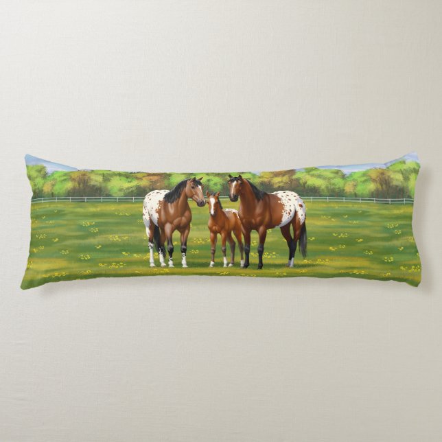Brown Bay Appaloosa Horses In Summer Pasture Body Pillow (Front)