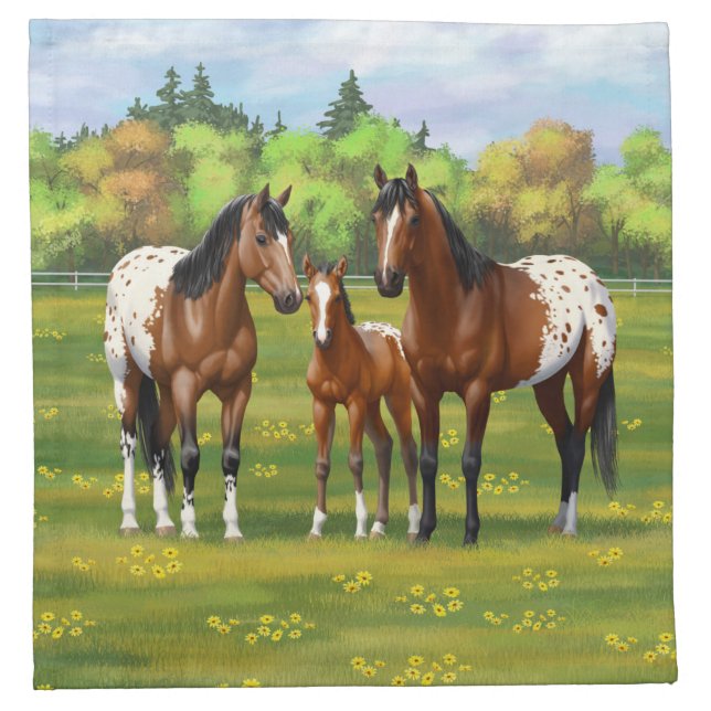 Brown Bay Appaloosa Horses In Summer Pasture Cloth Napkin (Front)