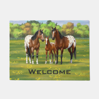 Brown Bay Appaloosa Horses In Summer Pasture Doormat