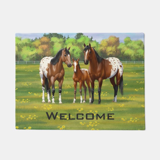 Brown Bay Appaloosa Horses In Summer Pasture Doormat (Front)
