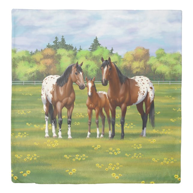 Brown Bay Appaloosa Horses In Summer Pasture Duvet Cover (Front)