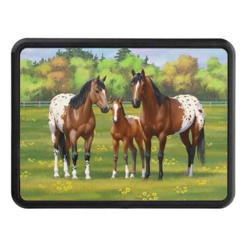 Brown Bay Appaloosa Horses In Summer Pasture Hitch Cover