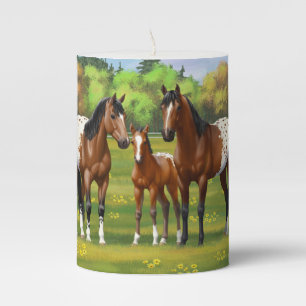 Brown Bay Appaloosa Horses In Summer Pasture Pillar Candle