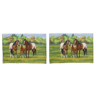 Brown Bay Appaloosa Horses In Summer Pasture Pillow Case