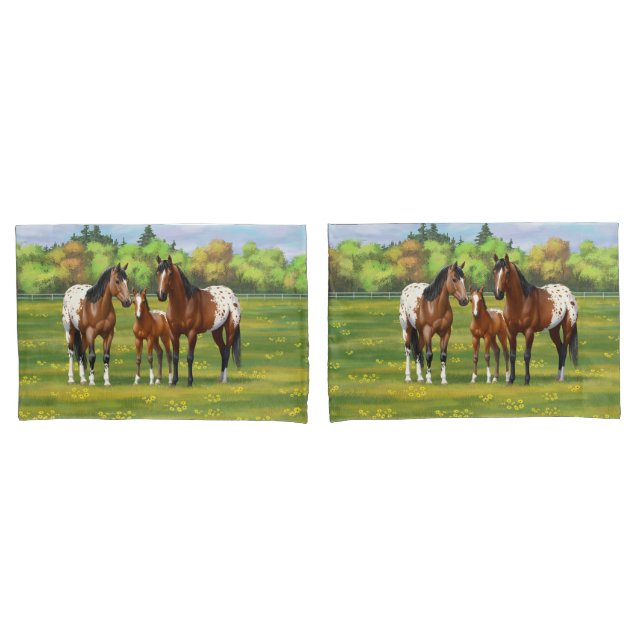 Brown Bay Appaloosa Horses In Summer Pasture Pillow Case (Front-Set)