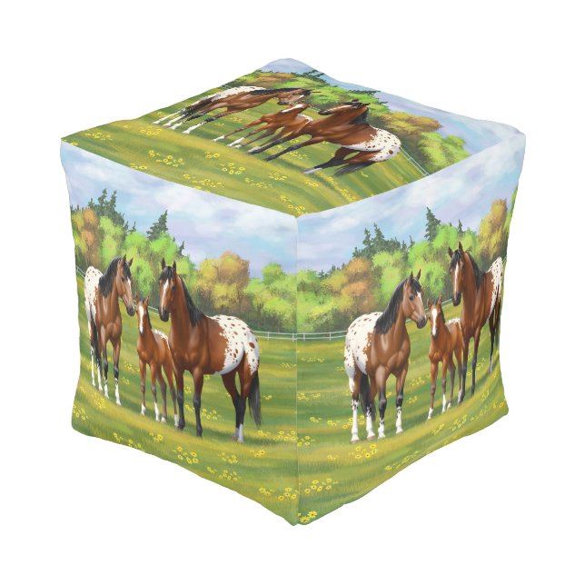 Brown Bay Appaloosa Horses In Summer Pasture Pouf (Angled Front)