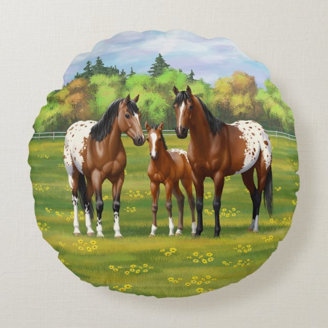 Brown Bay Appaloosa Horses In Summer Pasture Round Pillow (Front)