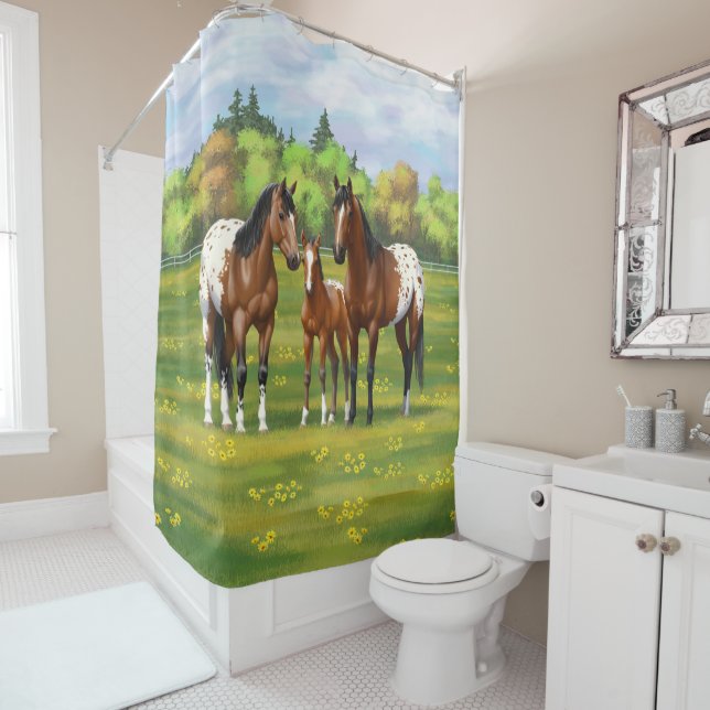 Brown Bay Appaloosa Horses In Summer Pasture Shower Curtain (In Situ)