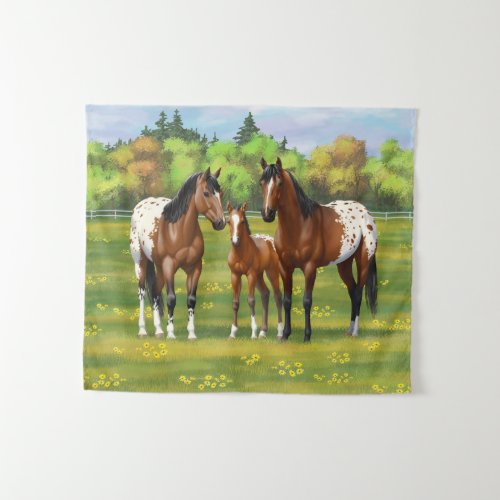 Brown Bay Appaloosa Horses In Summer Pasture Tapestry