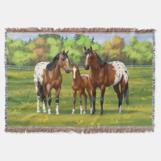 Brown Bay Appaloosa Horses In Summer Pasture Throw Blanket