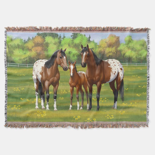 Brown Bay Appaloosa Horses In Summer Pasture Throw Blanket (Front)