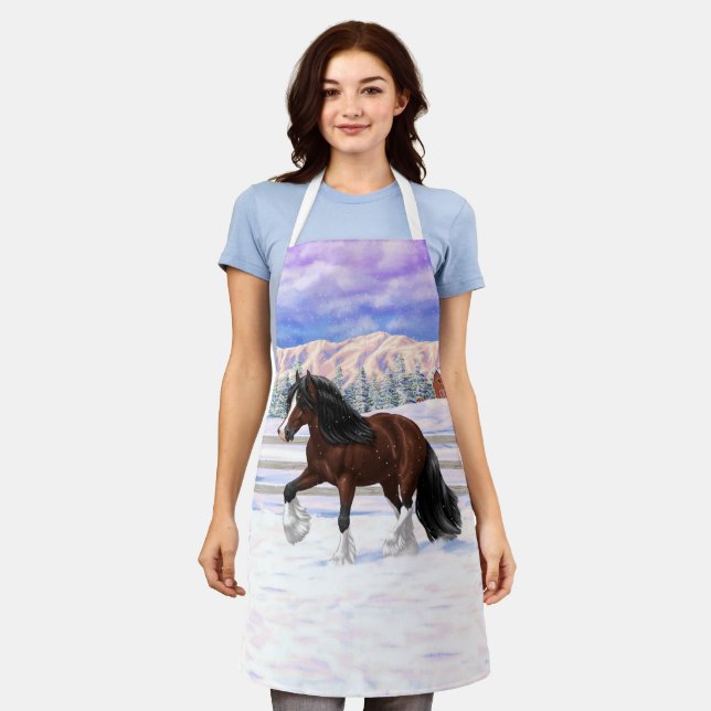 Brown Bay Gypsy Vanner Draft Horse In Snow Apron (Worn)