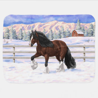 Brown Bay Gypsy Vanner Draft Horse In Snow Baby Blanket