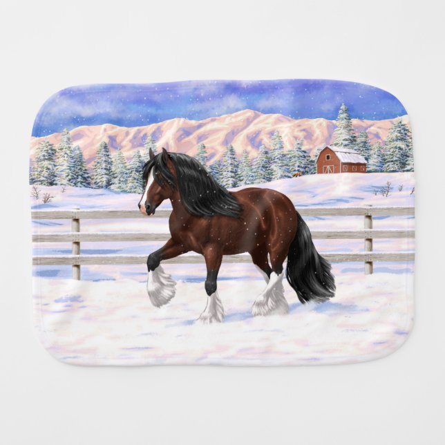 Brown Bay Gypsy Vanner Draft Horse In Snow Baby Burp Cloth (Front Horizontal)