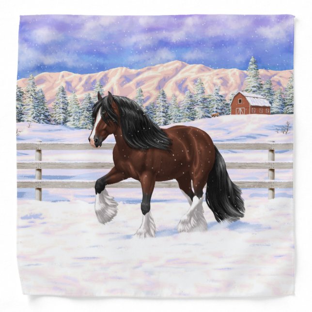 Brown Bay Gypsy Vanner Draft Horse In Snow Bandana (Front)