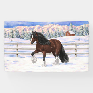Brown Bay Gypsy Vanner Draft Horse In Snow Banner