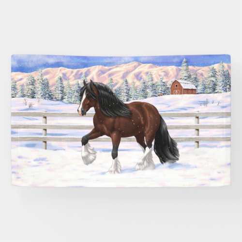 Brown Bay Gypsy Vanner Draft Horse In Snow Banner