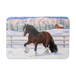 Brown Bay Gypsy Vanner Draft Horse In Snow Bath Mat