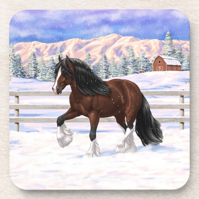 Brown Bay Gypsy Vanner Draft Horse In Snow Beverage Coaster (Front)